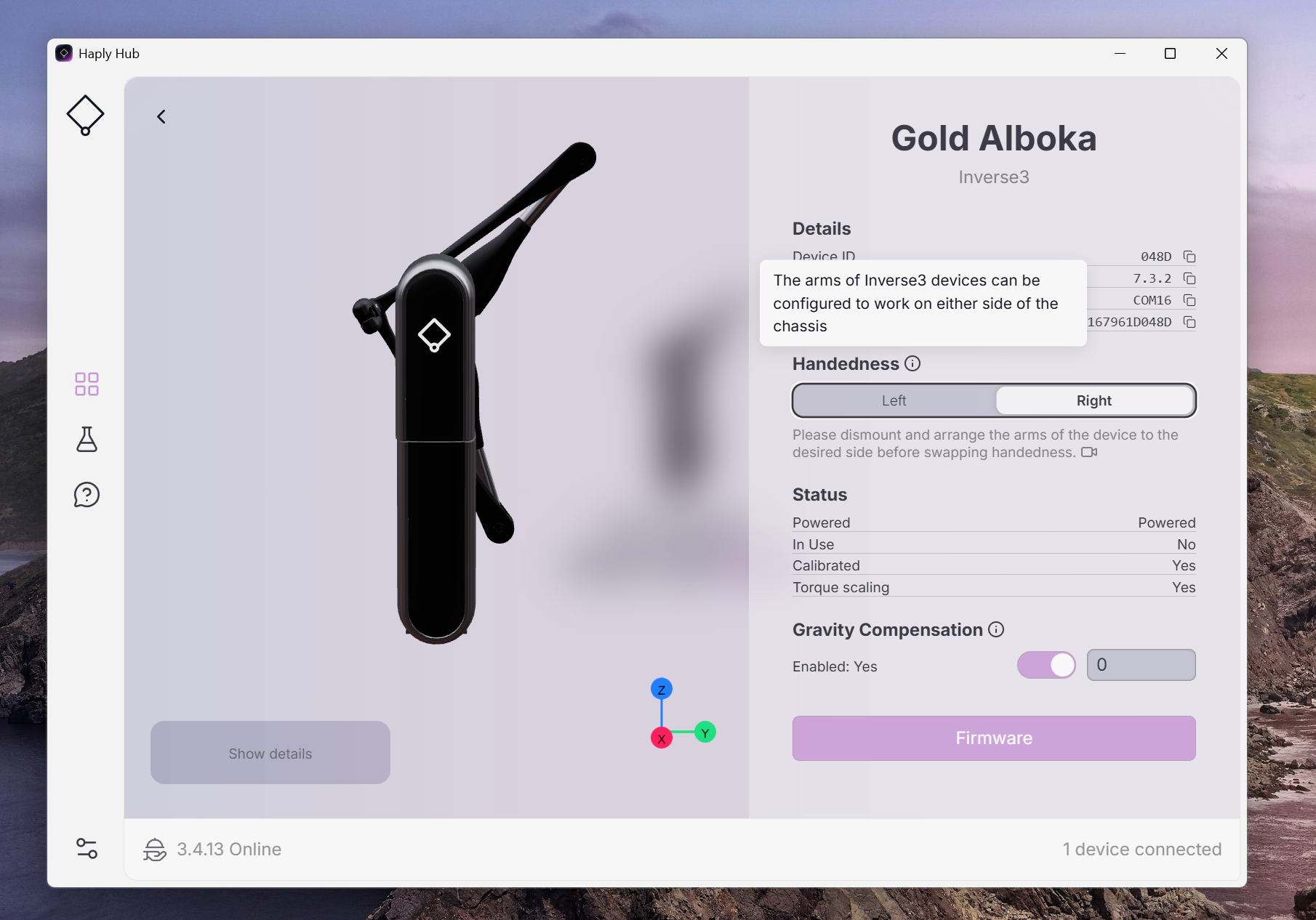 Haply Hub Übersichtsseite, mit dem hervorgehobenen Wert für die Händigkeit